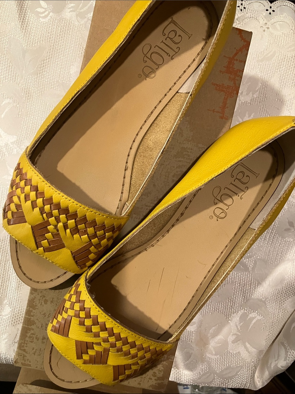 Latigo Yellow and Brown Woven Peep-Toe Flats
